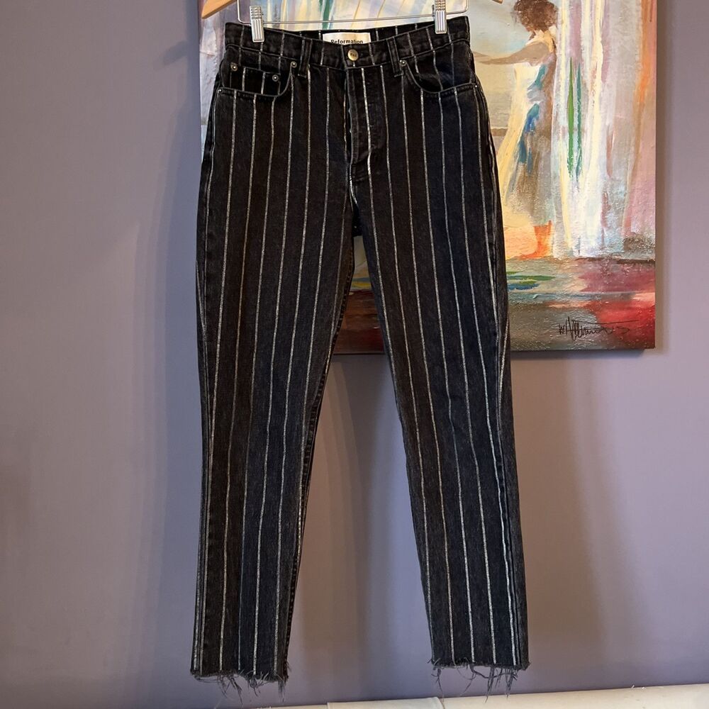 Reformation Sz 27 Women's Black Striped High Rise Straight Jeans💖